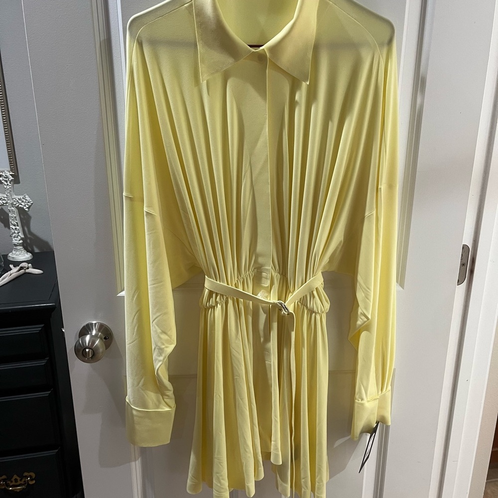 Norma Kamali Pale Yellow Long Sleeve Belted Dress